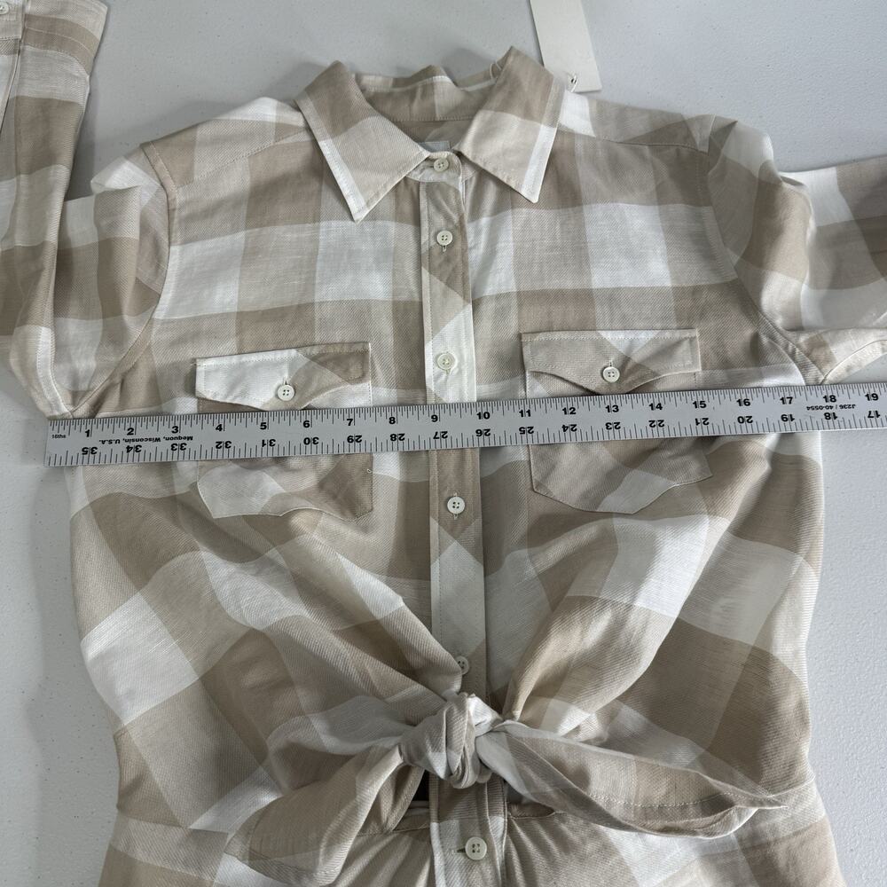 Sara Roka Drake Belted Dress‎ Womens 40 Beige Linen Gingham Shirt Midi Cottage - Picture 9 of 16